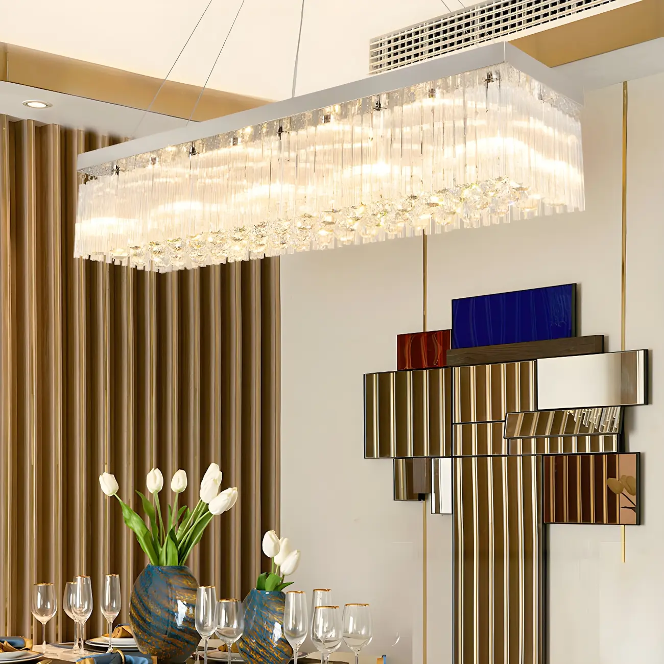 Modern Silver Crystal Rectangle Island Chandelier