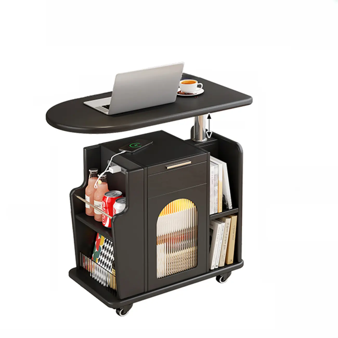 Adjustable White Wood Multi-Functional Side Table with Wheels