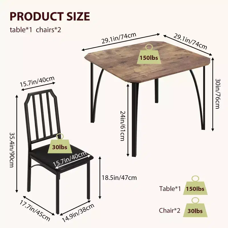 3-Piece Dining Table Set for 2 with Upholstered Chairs, Small Kitchen and Dining Room Table, Kitchen Table and Chair Set of 2, Space-Saving Design