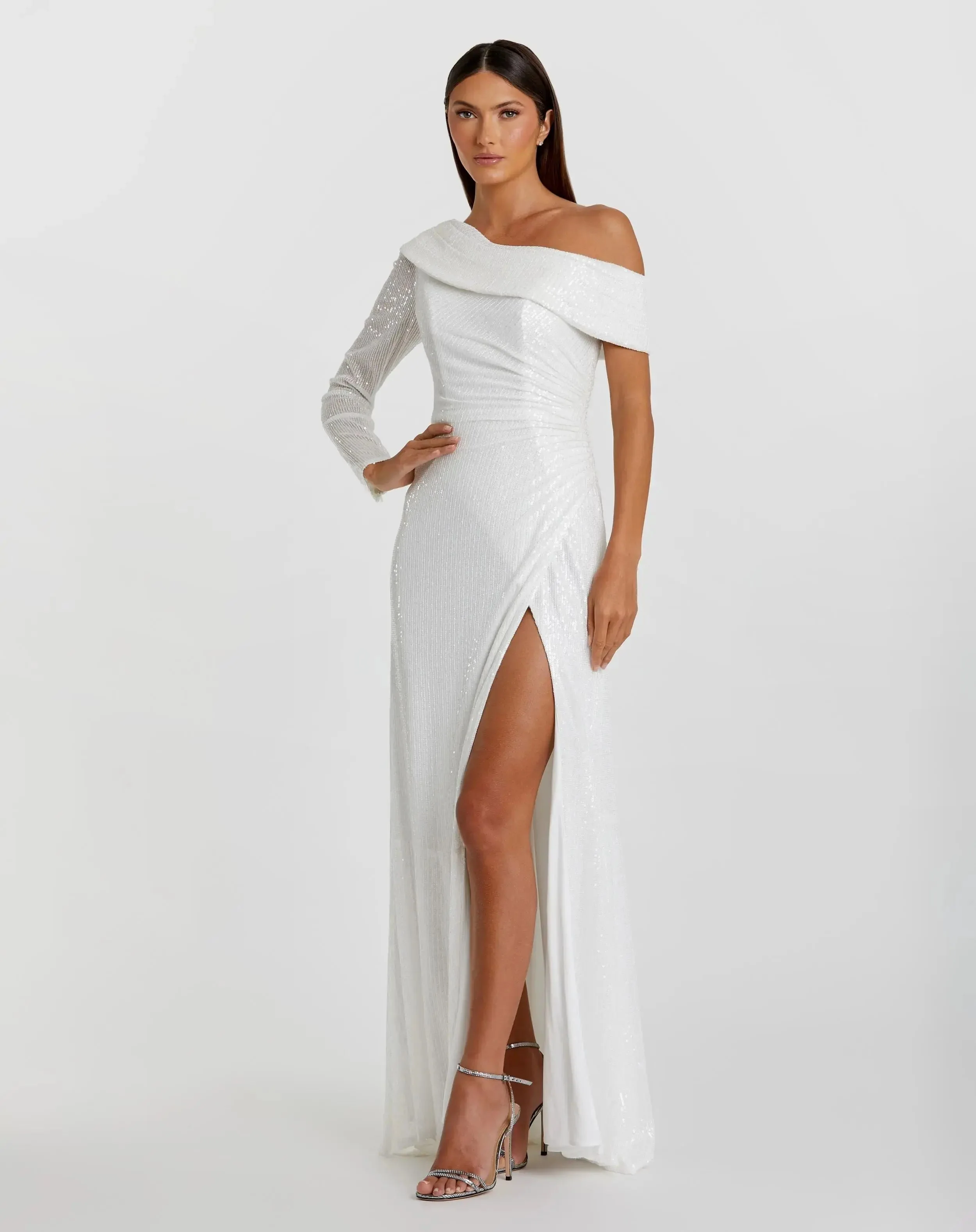 White Sequined Drop Shoulder Faux Wrap Gown - FINAL SALE