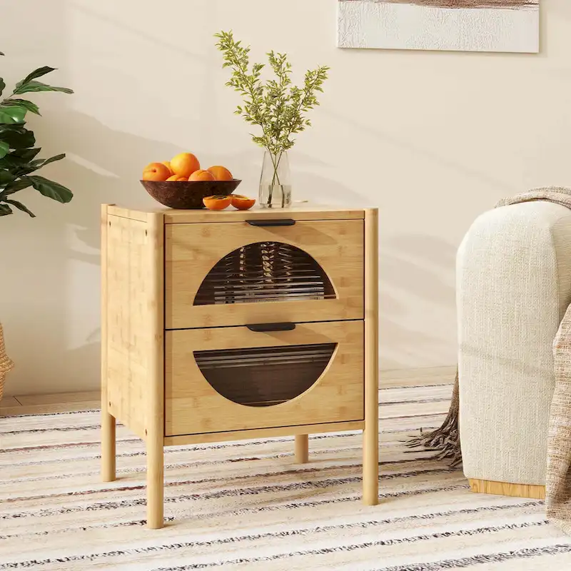 Bamboo Nightstand with 2 Storage Drawers and Reeded Glass - 1 or 2 Piece