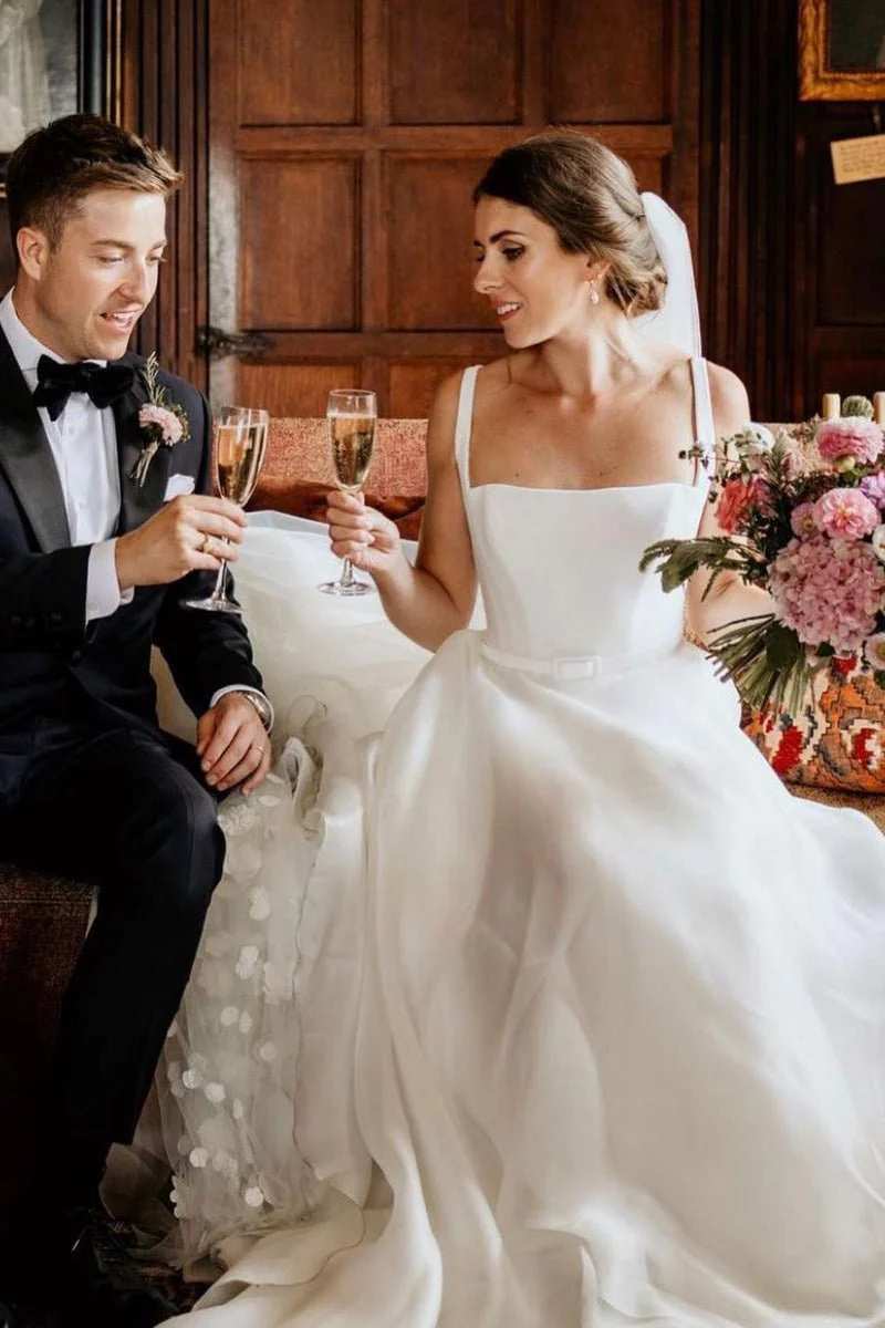 Chaming A-Line Square Neck White Wedding Dresses