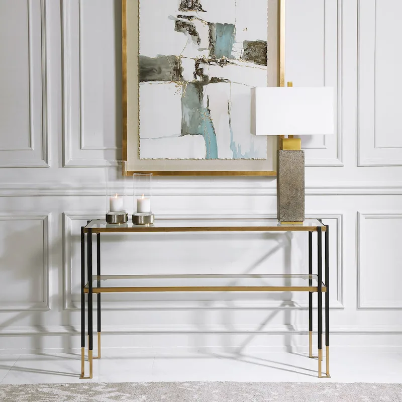 Matte Black & Brushed Gold Modern Console Table with 2 Tempered Glass Shelves, 1-Person