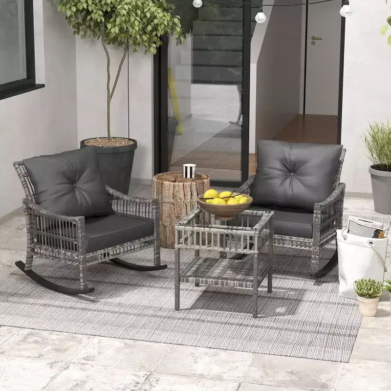 Outsunny Wicker Outdoor Rocking Chair Set, 3 Piece Patio Furniture Set with Padded Cushions and Storage Table, 2-Seater Rattan Bistro Set
