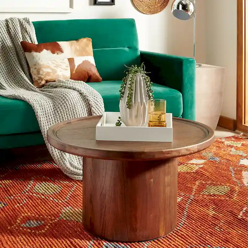 Round Pedestal Coffee Table – Natural / Dark Oak / Black / Black & White Wash, Farmhouse Style