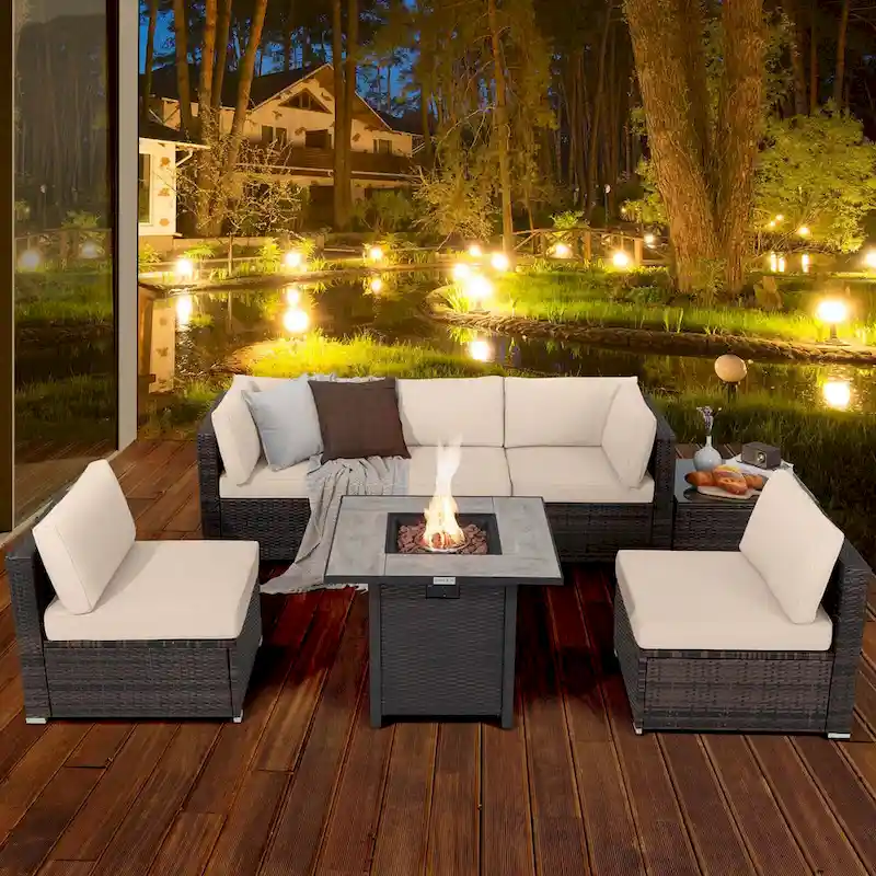 Costway 7PCS Patio Rattan Furniture Set 30 Fire Pit Table Cover - See Details