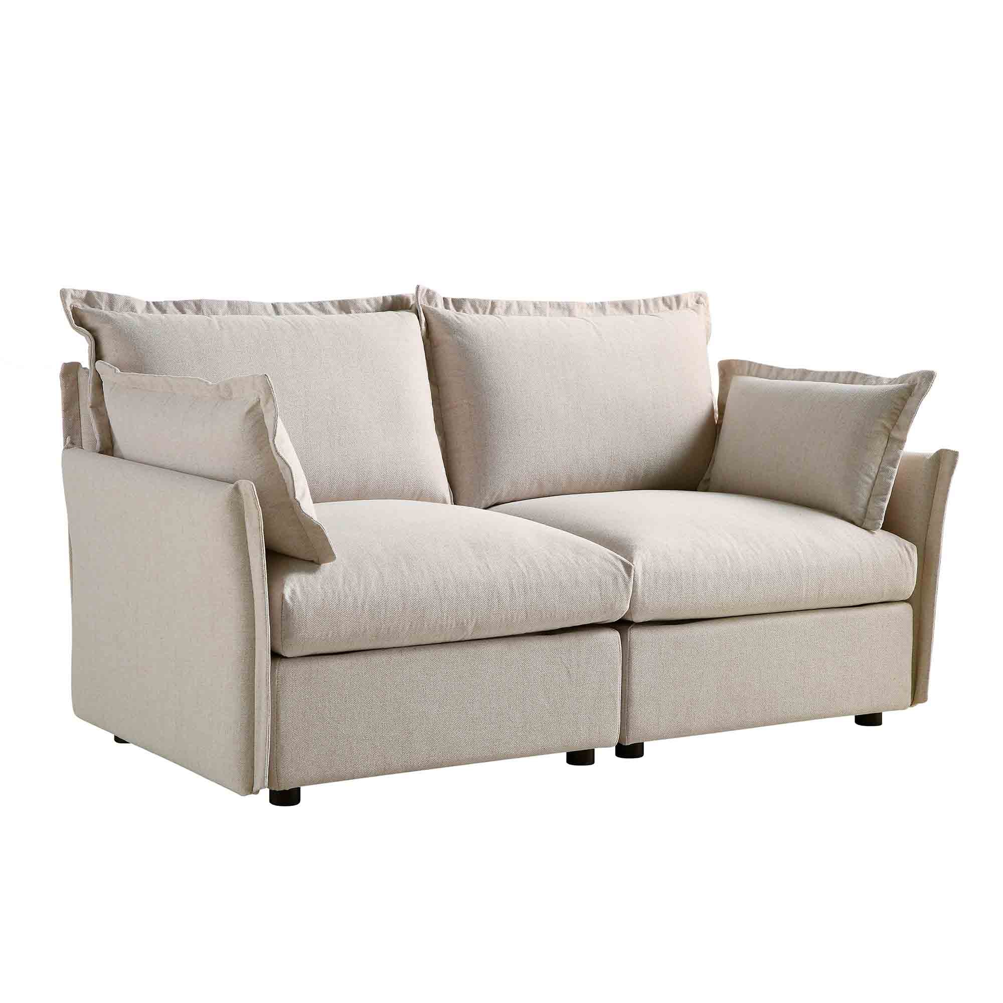 Pillow Edge Beige Fabric Sectional Sofa, 2-Seater