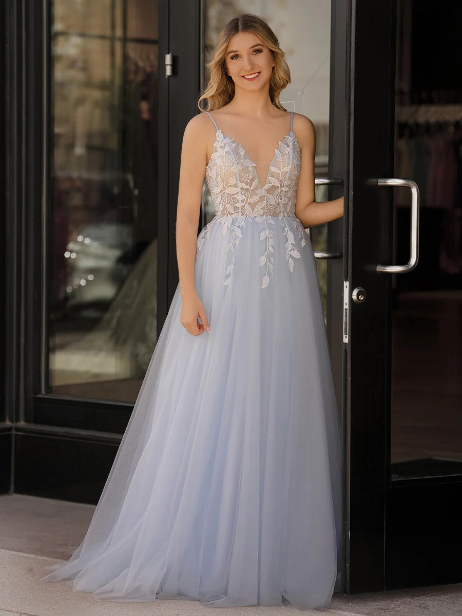 Light Blue V Neck Lace-Up Appliques Tulle Long Prom Dress