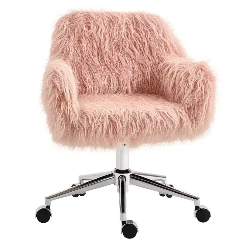 Vinsetto Faux Fur Desk Chair, Swivel Vanity Chair with Adjustable Height and Wheels for Office, Bedroom, Pink