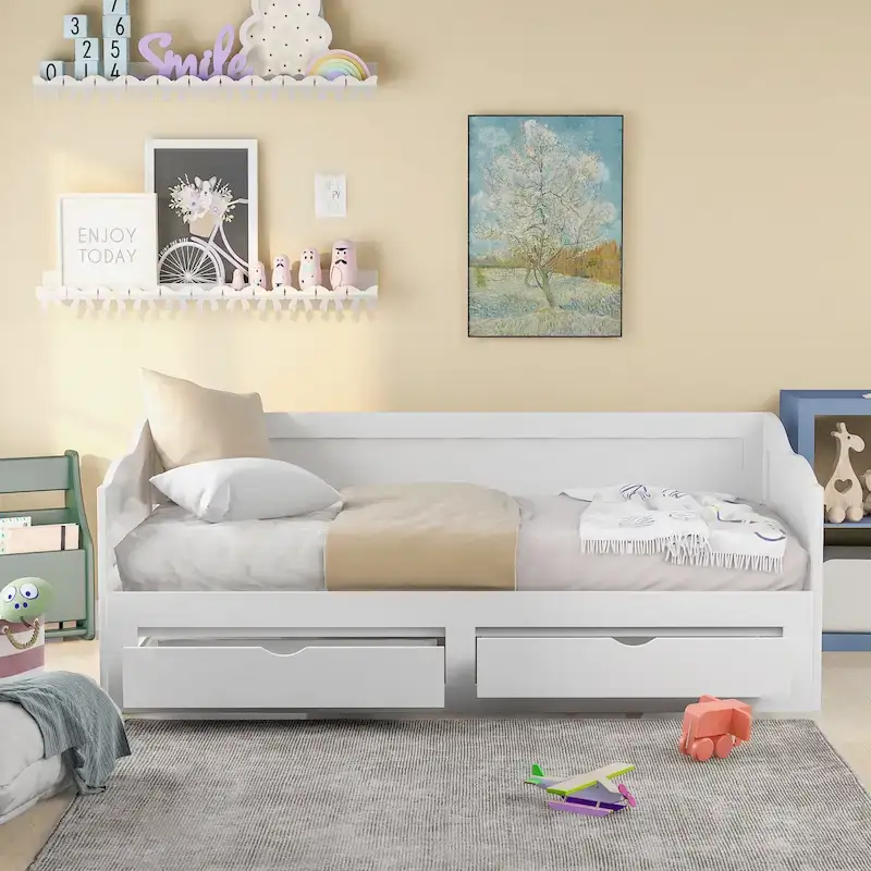 White Twin Pine Wood Extendable Daybed with 2 Storage Drawers