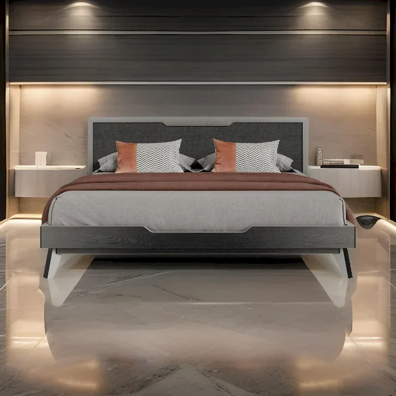 King Size Platform Bed with Upholstered Headboard and Wood Frame