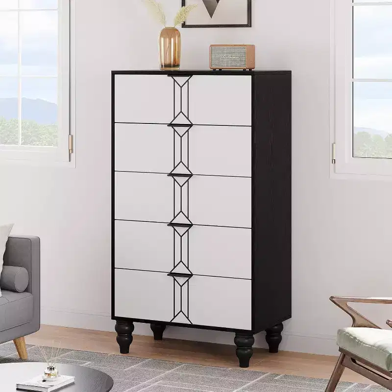 5 Drawers Dresser, Modern Wooden Tall Dresser with Deep Drawers, Storage Cabinet for Bedroom, Living Room, Hallway, Entryway, Black and White