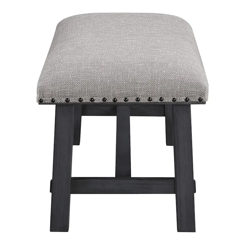 Home and Office Furniture Bench with Antique Grey Frame and Antique Bronze Nailhead Trim in Grey Fabric