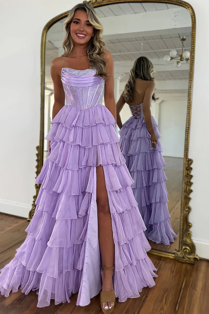Lavender - A Line Strapless Chiffon Beaded Corset Long Prom Dress With Slit