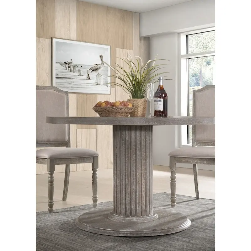 The Gray Barn Spring Mount Wood Pedestal Dining Table in Reclaimed Grey