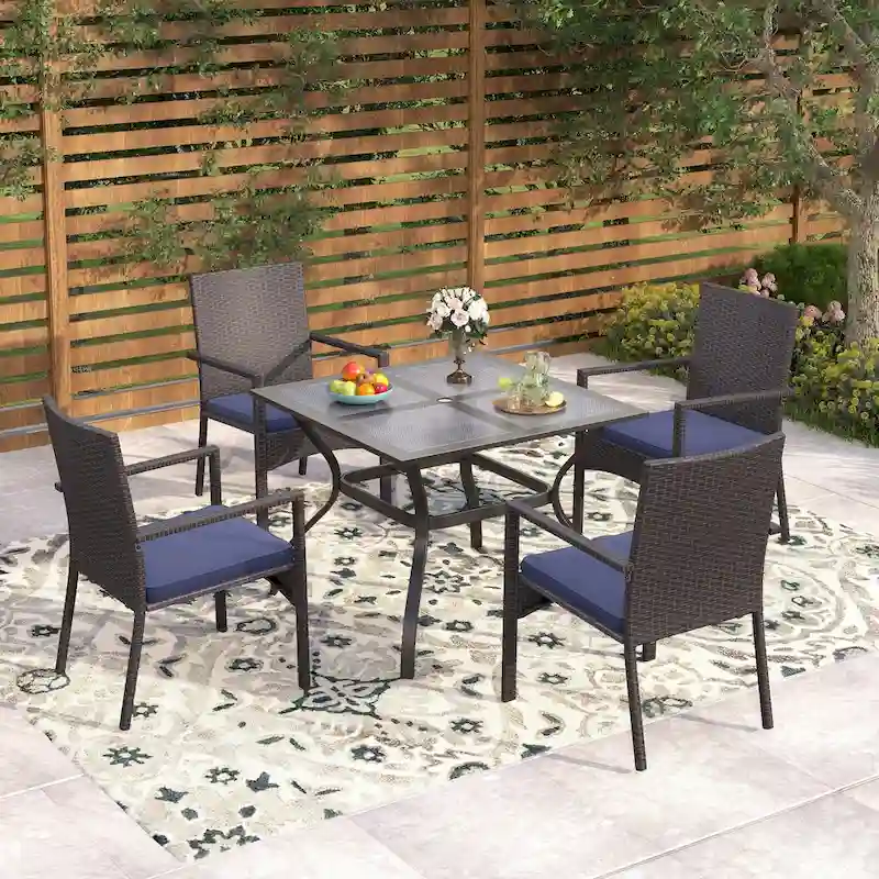 Seats up to 4 Outdoor Dining Sets, 37 Square Metal Bistro Table with Umbrella Hole and 4 Rattan Garden Chairs