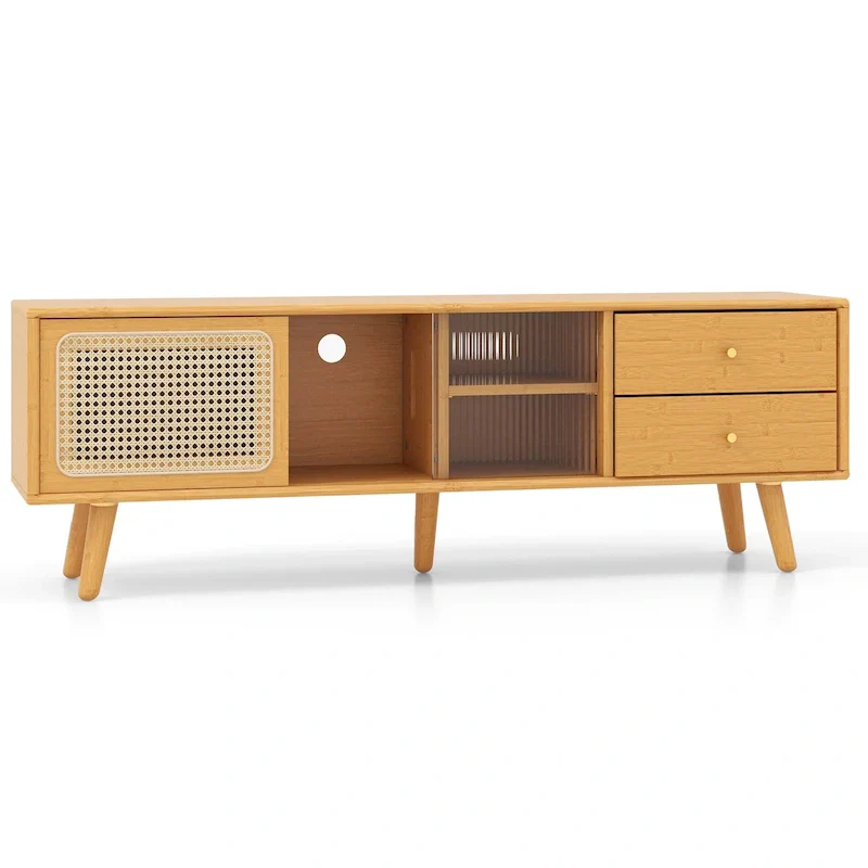 Natural / Brown Bamboo TV Stand with Rattan Glass Doors & 2 Drawers - Single Use
