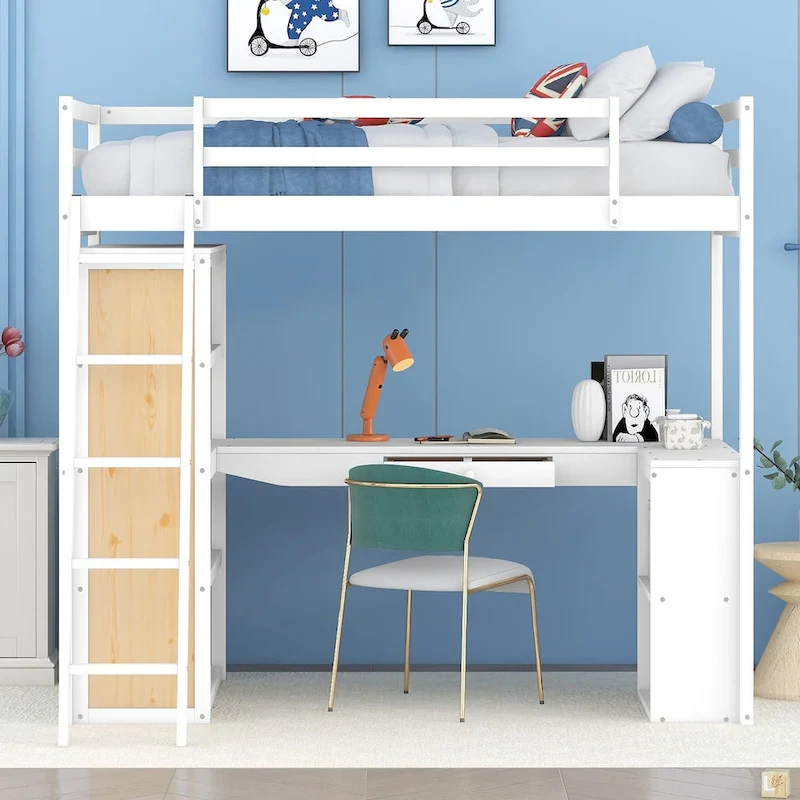 Twin Size Loft Bed with Ladder, Shelves, and Desk