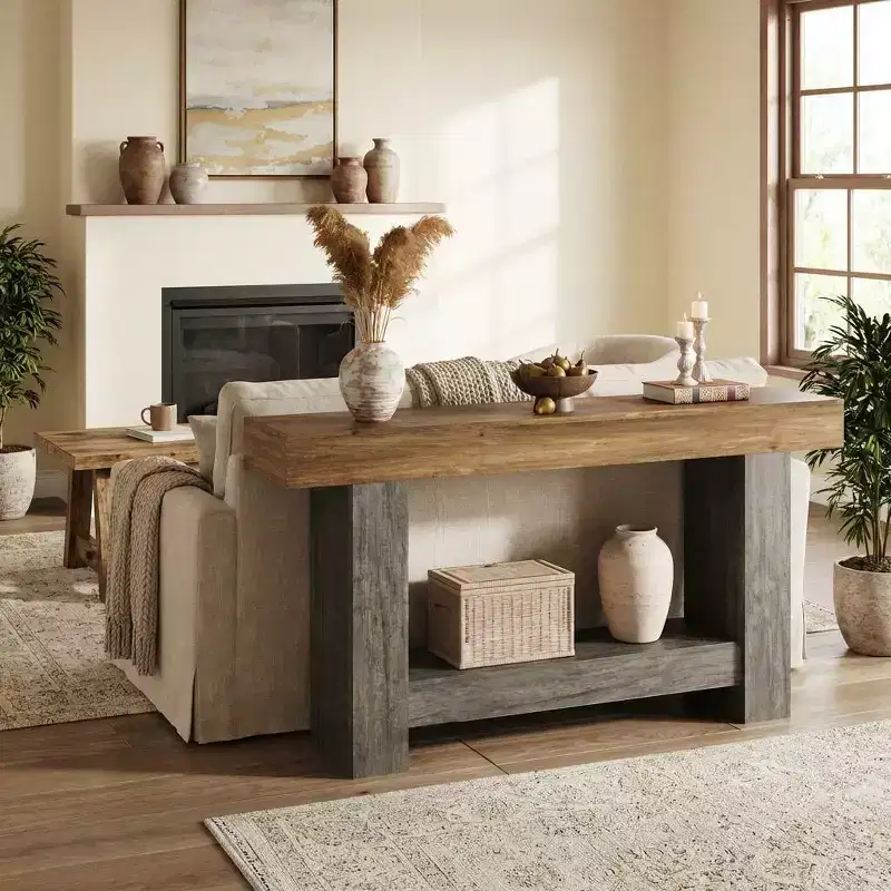 Farmhouse Console Table, 2-Tier Long Sofa Table with Open Storage, Wooden Entryway Accent Table for Entrance, Living Room, Hallway, or Foyer