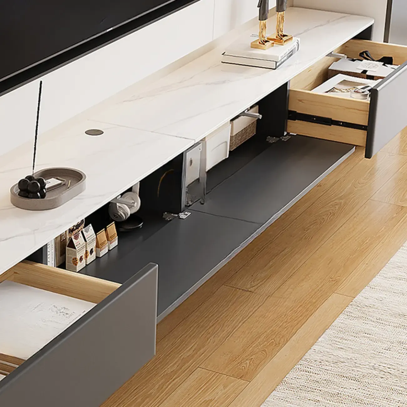 Stone Modern TV Stand with Drawers and Cable Management