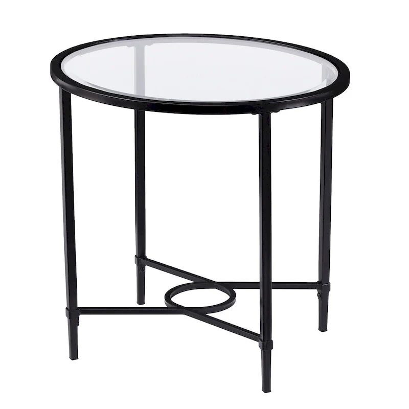Oval Tempered Glass Side Table – Black Metal Scrollwork Frame