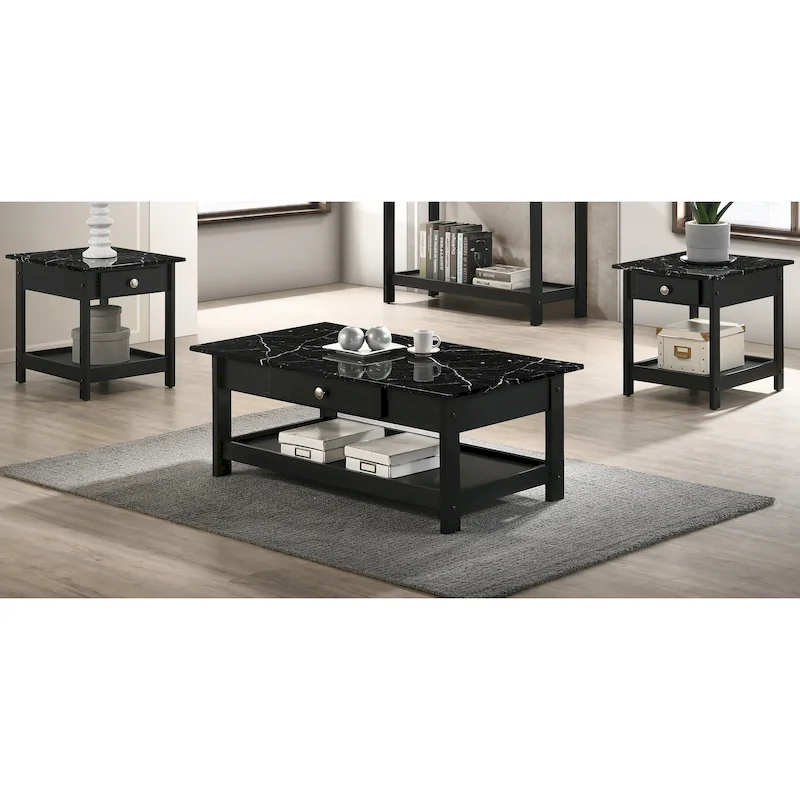 Transitional Rubberwood 3-Piece Coffee Table and End Table Set with Drawer
