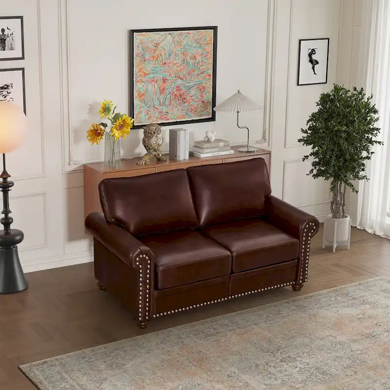 Faux Leather Loveseat with Storage – Burgundy / Grey / Black, Nailhead Trim, Seats 2