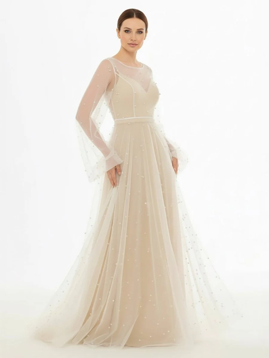 Simple Modest A-Line Long Sleeve Tulle Elopement Illusion Wedding Dress with Pearl