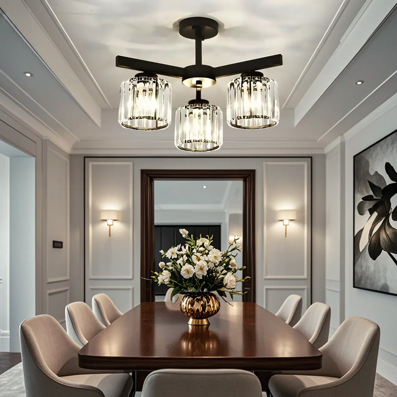 Modern Large Black Cylinder Crystal Semi Flush Ceiling Light