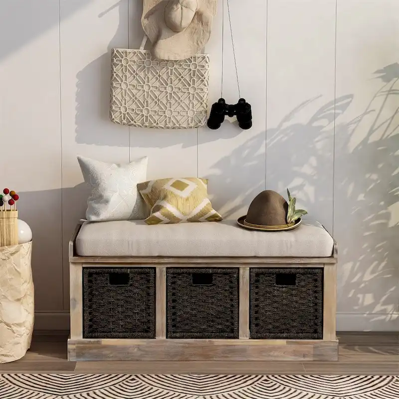 White Washed / White / Espresso / Antique Navy Rustic Storage Bench with 3 Baskets & Cushion, 1-Person