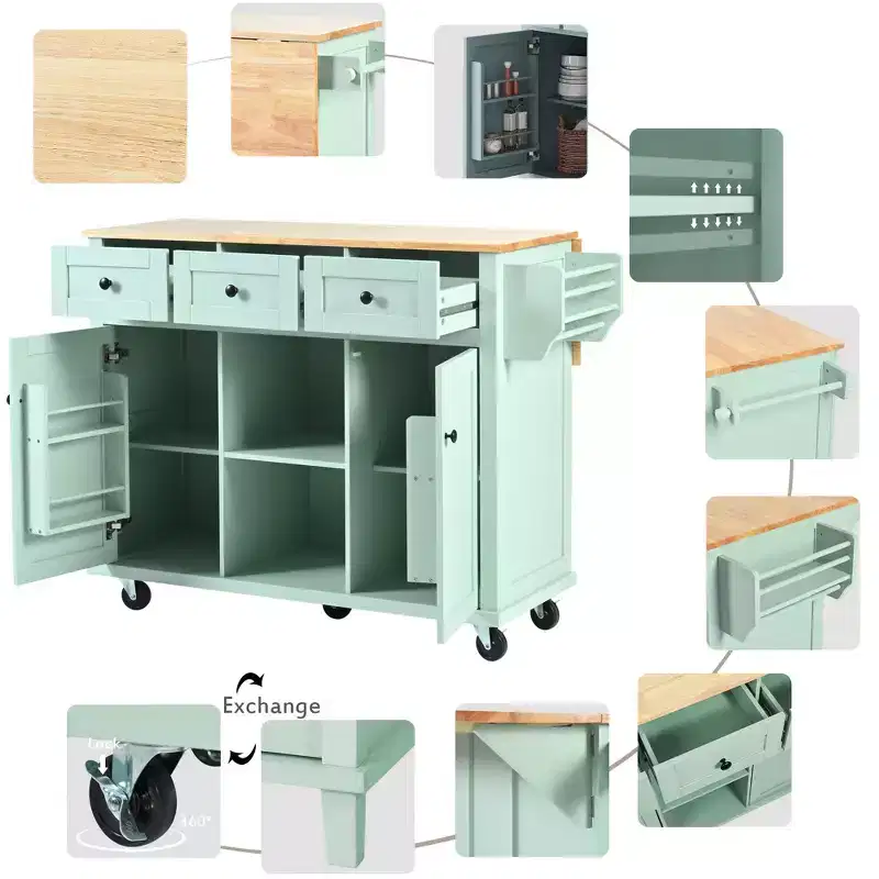 Whisen Modern Kitchen Island with Spice Rack and Towel Holder