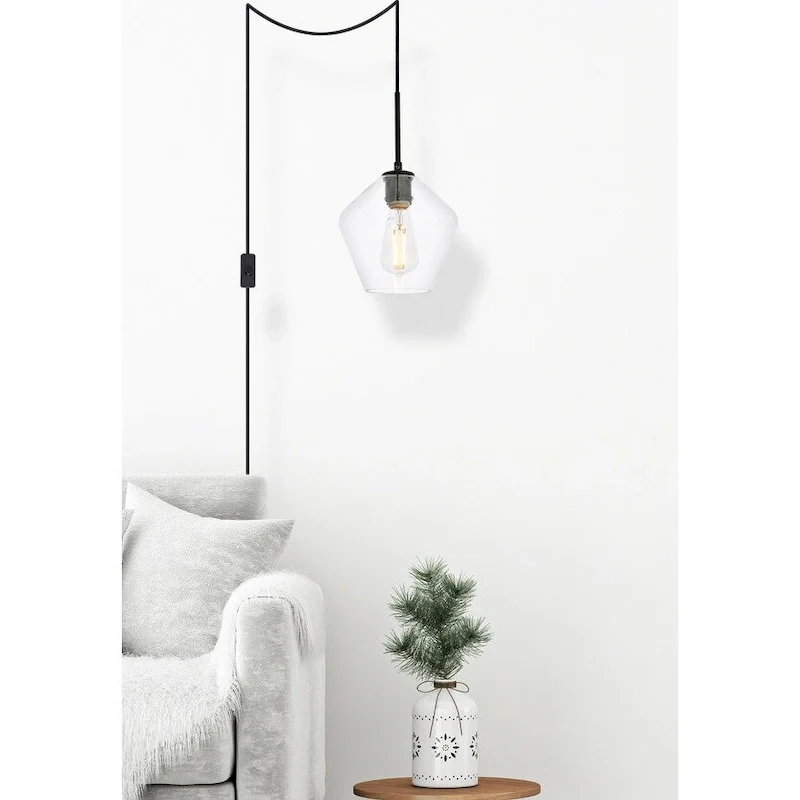 Garrett 1-Light Plug in Pendant with Clear Shade - Black - 8  Diameter