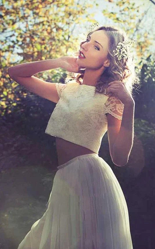 Two Piece Bateau Ankle-Length Chiffon Wedding Dress With Split Front And Pleats