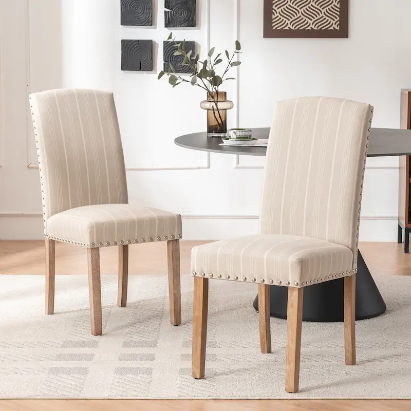 Set of 2 Gray Fabric Dining Chairs with Nailhead Trim