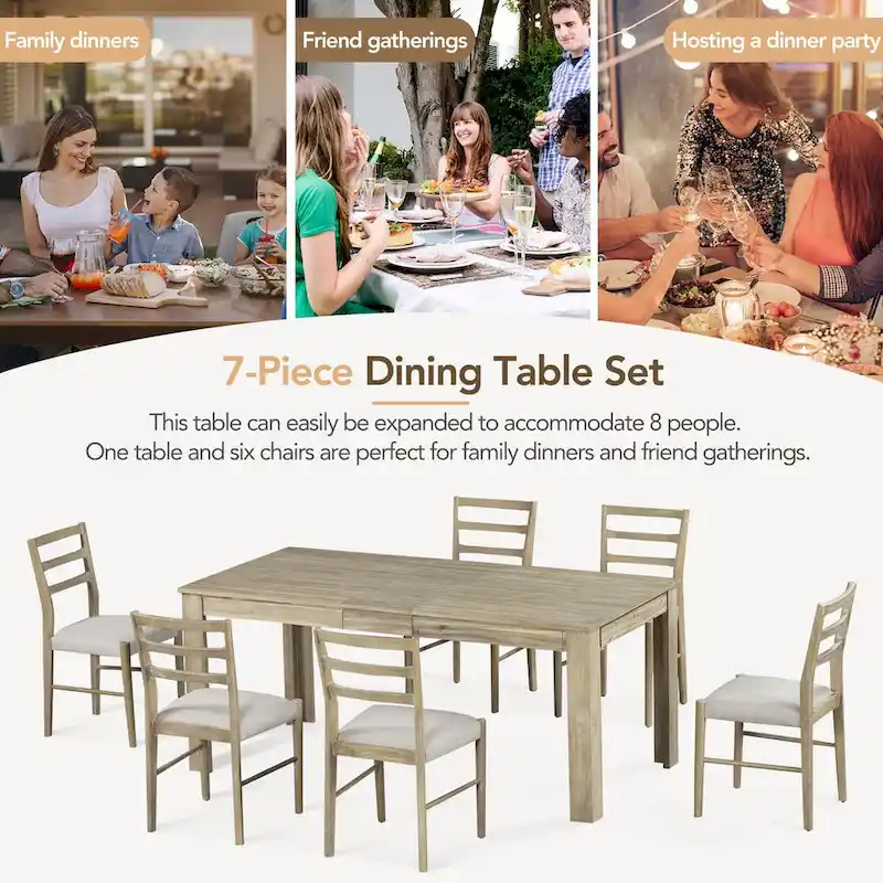 7-Piece Wooden Extendable Dining Table Set with 12Leaf and 2 Drawers, 6 Chairs