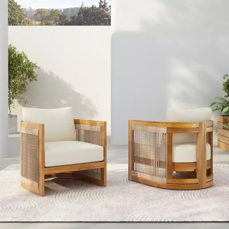 Christopher Knight Home Atoka Outdoor Rustic Acacia Wood and Rope Club Chair with Water-Resistant Cushions (Set of 2)