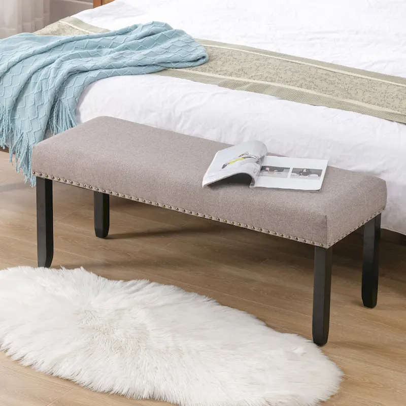 Modern 44 L Nailhead Trim Upholstered Bench with Wood Legs