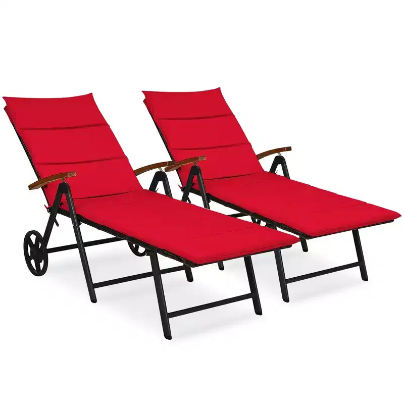 Costway 2 PCS Folding Patio Rattan Lounge Chair Cushioned Aluminum w/ Wheel