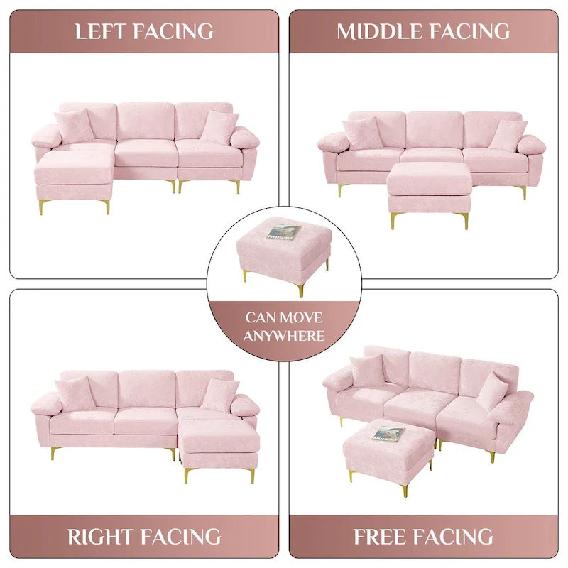 Upholstered Velvet Sectional Sofa with Pillows & Ottoman