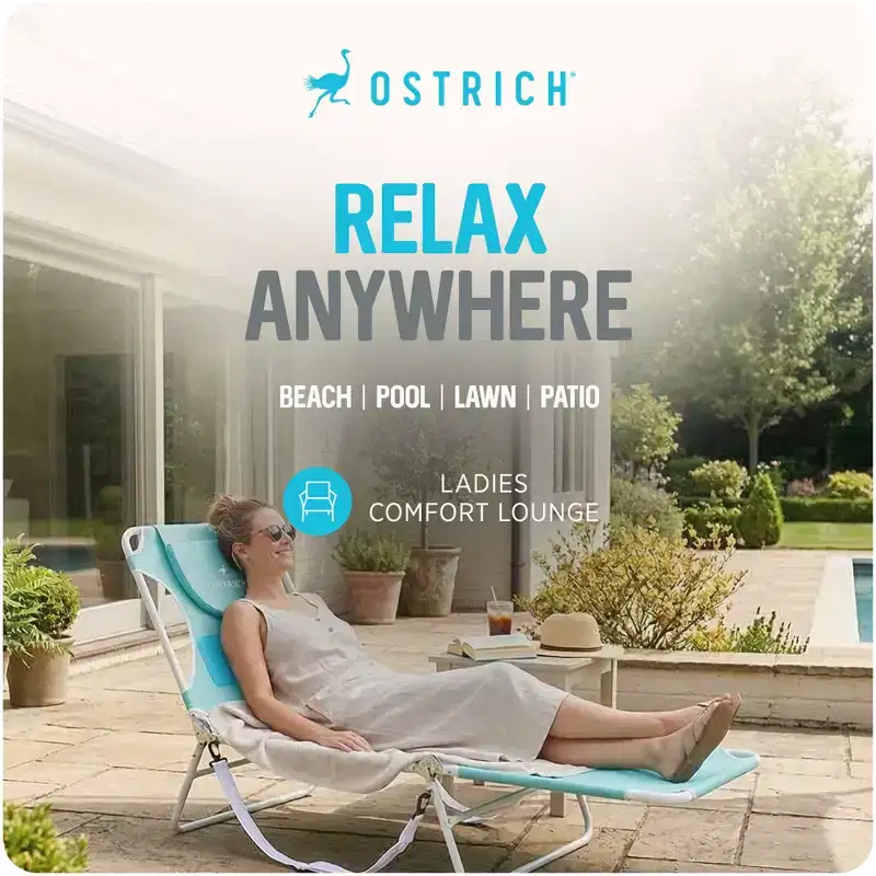 Ostrich The Ladies Comfort Lounger with Chest Support, Foldable and Portable Reclining Outdoor Patio Beach Lawn Camping Pool Tanning Chair, Aqua