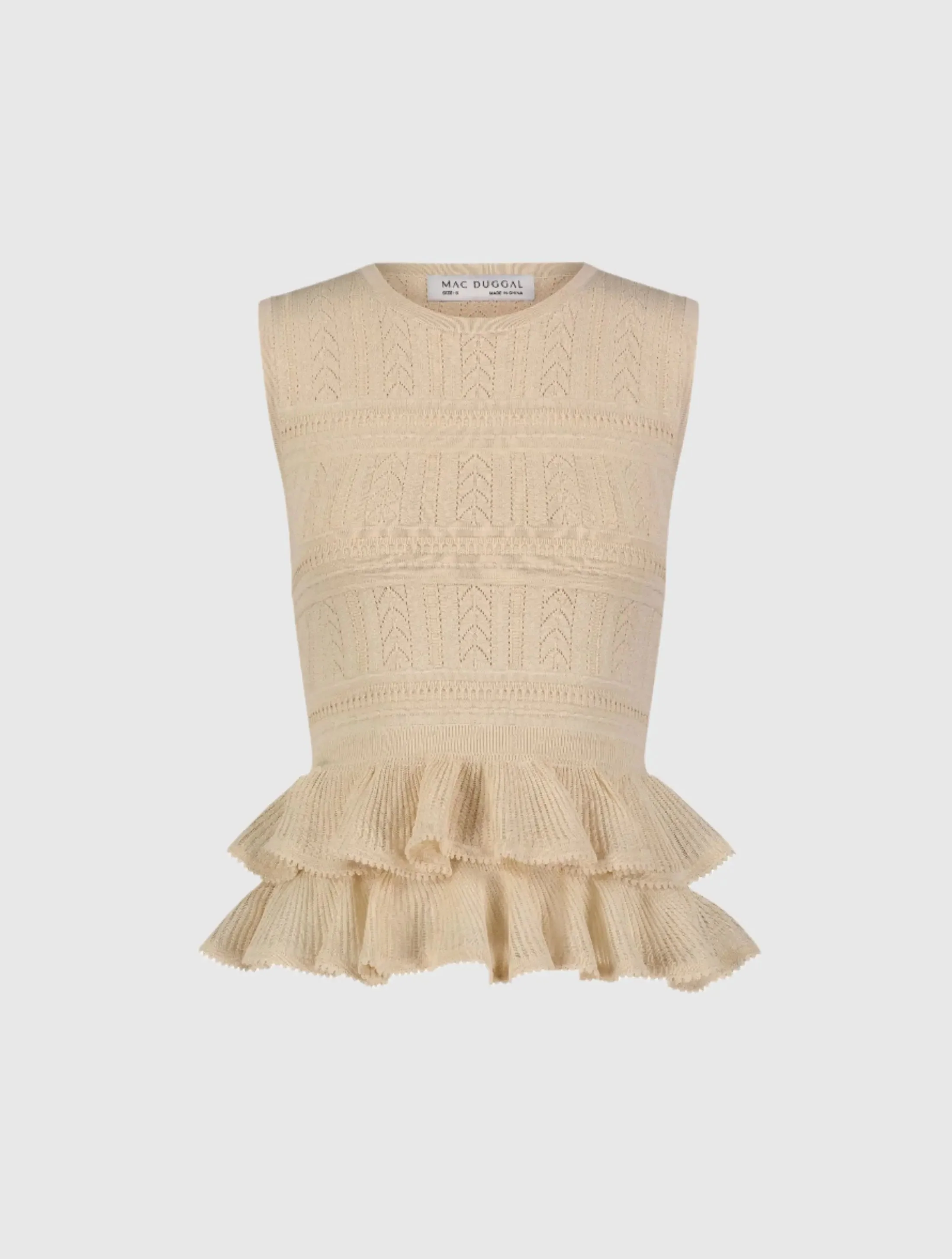 Beige Sleeveless High Neck Knit Top With Ruffle Hem