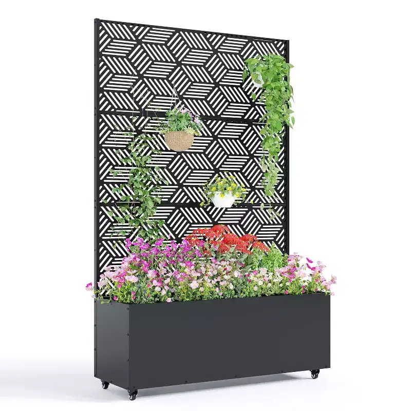 Large Metal Raised Garden Bed Planter Box with Trellis C Deep 15.7 Movable Outdoor Flower Box, Privacy Screen, Drainage Holes