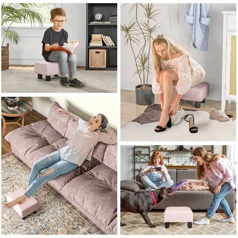 Dark Blue Linen Footrest Ottoman - Rectangle Cube Design