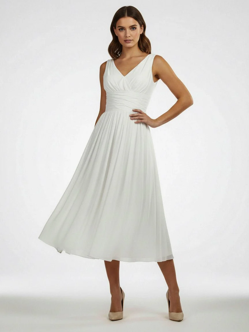 V-Neck Sleeveless Tea-Length Chiffon Wedding Dress With Ruching And Low-V Back