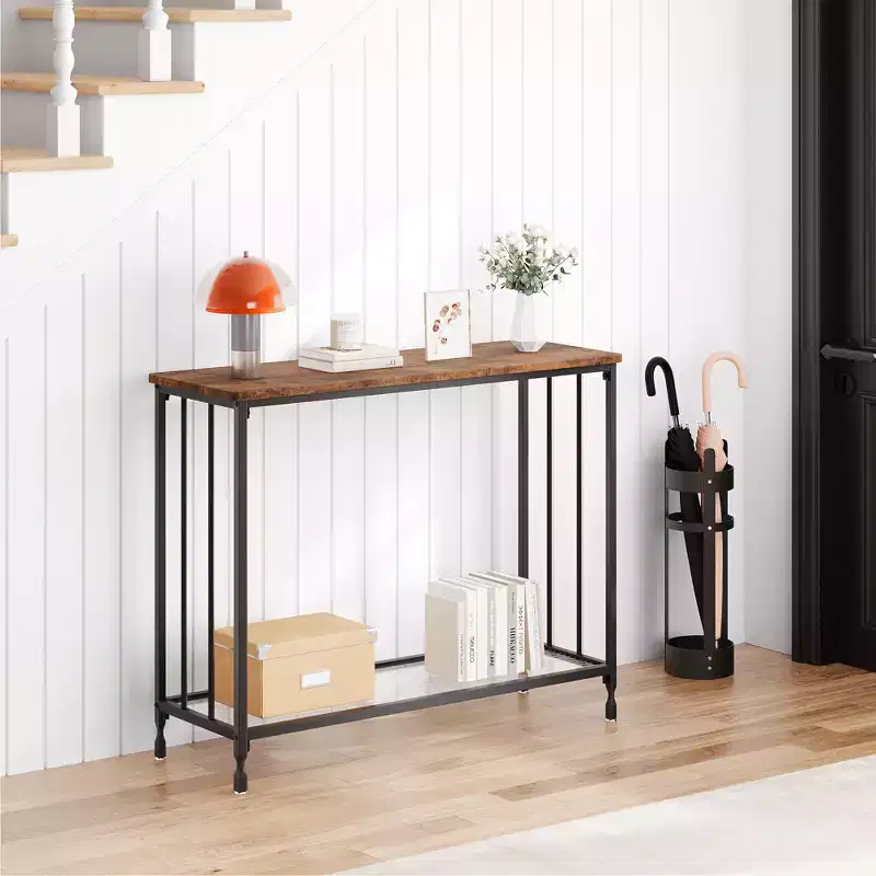 COZONY Slim Console Table 2-Tier Farmhouse Shelf with Metal Frame, Narrow Sofa Table with Storage for Entryway, Living Room, Hallway