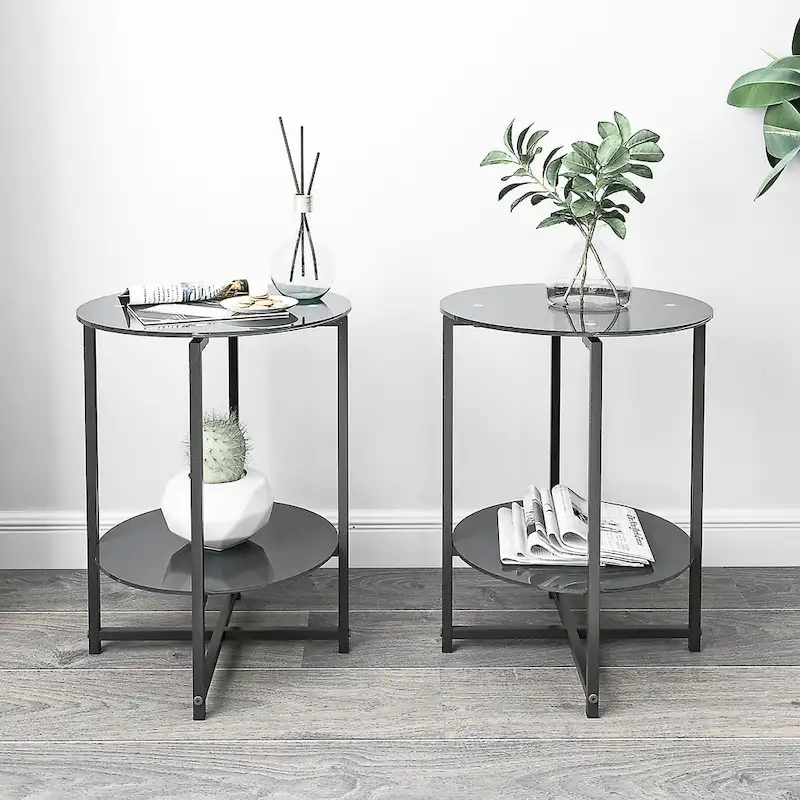Black & Transparent, Round Tempered Glass End Table, Set of 2