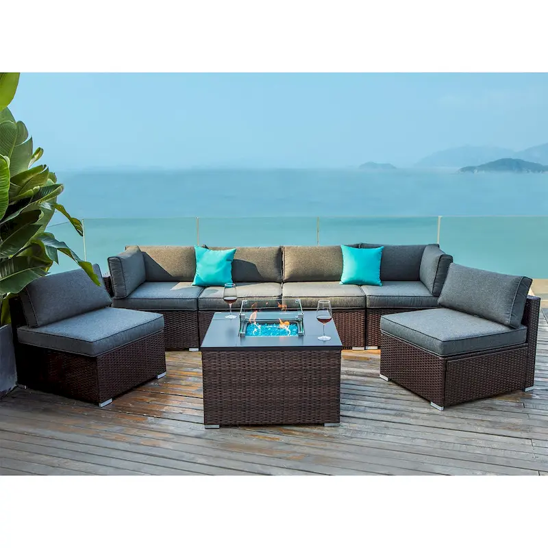 COSIEST 7 Piece Outdoor Patio Furniture Set With Fire Table Fits Tank Outside