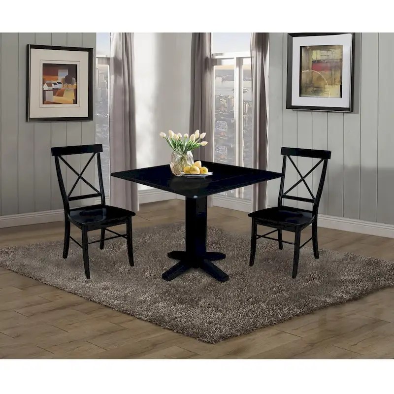 36  Solid Wood Square Dual Drop Leaf Dining Table with 2 Dining Chairs