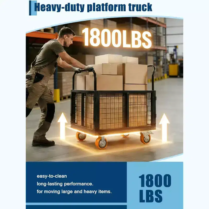 COZONY 6-in-1 Platform Truck Cart with Cage, Foldable Hand Truck Load 1800 LBS with 4 Wheels Push Cart Dolly for Grocery, Laundry, Garage, Warehouse