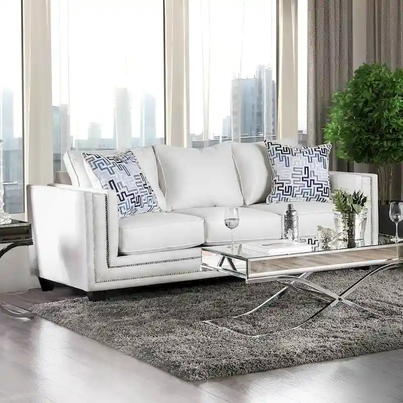 Contemporary Off-White Chenille Nailhead Upholstered Sofa